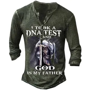 Men's long sleeve henley t-shirt with knight graphic print, vintage washed slim fit top.