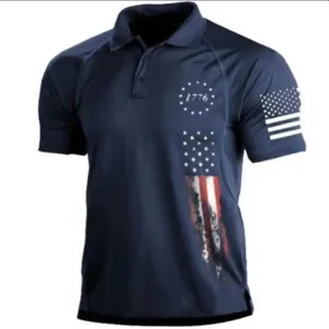 Hombre polo tactico al aire libre vintage manga corta azul marino top deportivo para verano.