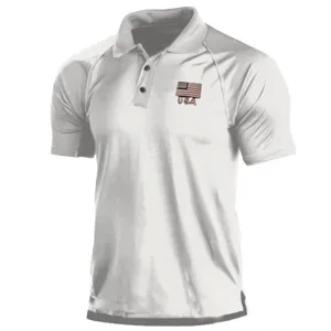 Polo táctico de manga corta blanco para hombre con estampado bandera USA para deporte de verano.