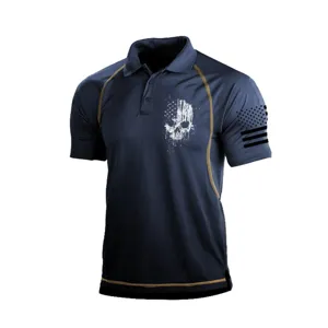 Polo táctico para hombre de manga corta con estampado de calavera y bandera genial.