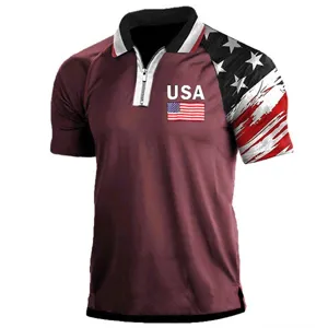 Polo táctico retro colorblock para hombre con estampado bandera USA, manga corta.