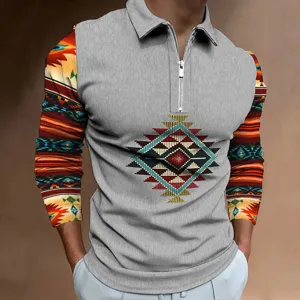 Men's long sleeve polo shirt with aztec geometric pattern sleeves and half zipper closure.