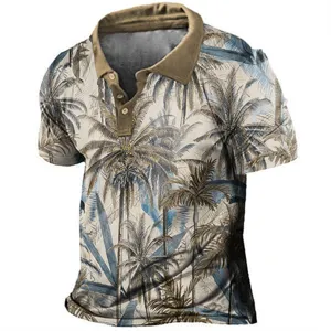 Polo de manga corta con estampado de palmera tropical vintage para hombre casual.