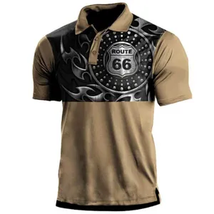 Polo retro de manga corta con contraste para hombre top táctico casual con estampado Route 66.