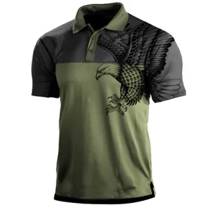 Camisa polo táctica color block hombre outdoor vintage manga corta estampado águila
