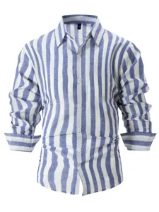 Men blue white striped long sleeve button up shirt casual business fashion style top
