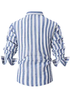 Back view detail of men's blue and white striped long sleeve casual shirt with lapel collar.
