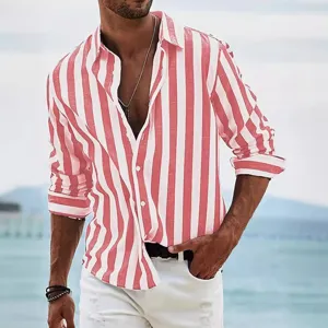 Men red white striped long sleeve casual button down shirt for spring summer beach wear