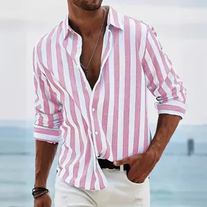 Men's pink and white striped long sleeve casual shirt, loose fit British style fashion top.