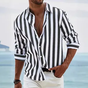 Men black white vertical striped long sleeve shirt casual button down top for spring.
