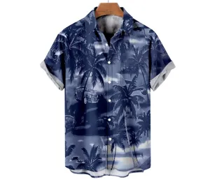 Men's casual short sleeve tropical palm tree print hawaiian button down shirt top