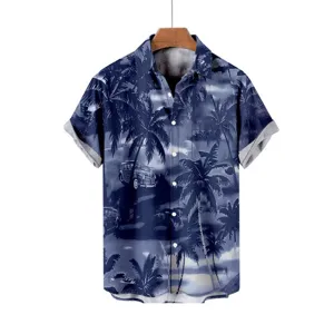 Men's casual short sleeve button-up shirt with tropical palm tree and vintage car print.