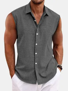 Men's casual solid color sleeveless button-down shirt for summer beach lapel top