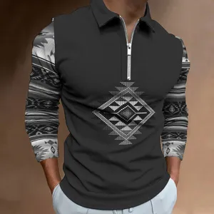 Men Long Sleeve Polo Shirt Geometric Ethnic Print Half Zip Casual Fashion Streetwear Polyester Top For Spring Autumn