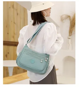 Details of the light blue multi-zipper oxford canvas crossbody shoulder bag for women.