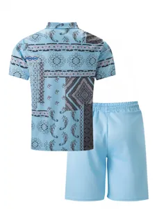 Men's summer short sleeve shirt and shorts two piece set in light blue casual wear