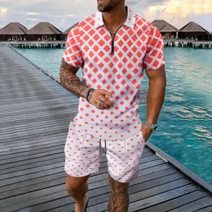 Men's summer short sleeve polo shirt and matching shorts casual two piece geometric print outfit.