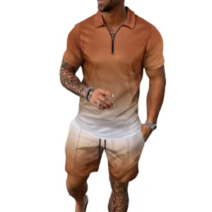 Men summer gradient short sleeve polo shirt and shorts two piece casual sportswear set