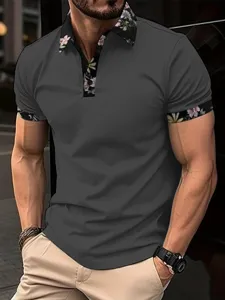 Men's floral contrast collar short sleeve polo shirt casual button down slim top.
