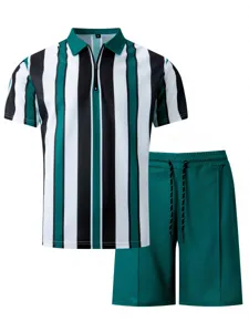 Detailed view of men's striped polo shirt and shorts set, showcasing fabric texture.