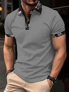 Men's grey short sleeve polo shirt with floral contrast collar and cuffs for casual wear