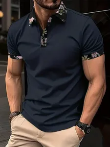 Men's short sleeve floral print polo shirt casual summer top with stylish contrast collar.