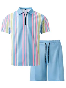 Detail view of men's colorful striped short sleeve polo shirt and blue shorts two piece set.