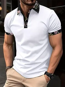 Men's floral print collar short sleeve polo shirt, slim fit casual button down top.