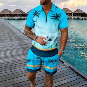 Men's summer tropical palm tree print short sleeve polo shirt and shorts casual resort wear set.
