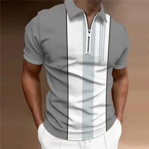 Modieuze Heren Korte Mouw Halve Rits Polo Shirt Grijs Wit Kleurblok Zomer Topje