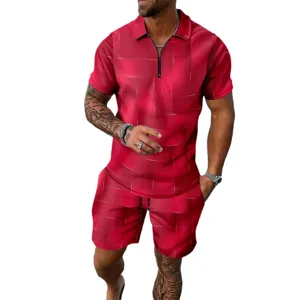 Men summer short sleeve zip polo shirt and shorts two piece set red geometric printed outfit