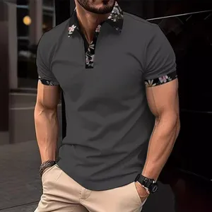 Men's short sleeve polo shirt dark gray floral contrast collar casual top summer fashion
