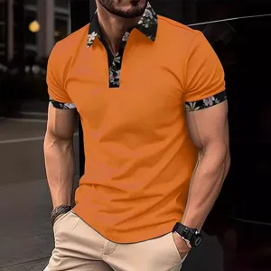 Men's orange short sleeve polo shirt with floral collar and cuffs, casual summer top.