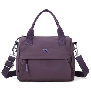 Solid color nylon shoulder crossbody handbag, purple casual bag with top handles.