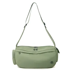 Green nylon crossbody shoulder bag for women, casual daily commuter handbag with strap.