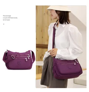 Women Multi-Pocket Nylon Crossbody Bag Casual Large Capacity Travel Shoulder Bag Purple