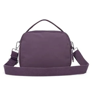 Purple nylon crossbody shoulder bag for women, casual lightweight daily purse with wide strap.