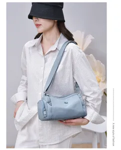 Stylish women's blue leather shoulder bag, multi-pocket casual commuter messenger bag.