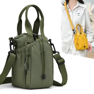 Womens Nylon Bucket Bag Casual Drawstring Crossbody Bag Multifunctional Small Shoulder Bag Phone Pouch