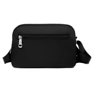 Classic black nylon oxford cloth crossbody shoulder bag for women with front zipper pocket.