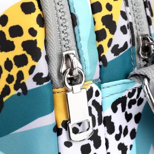 Women oxford cloth crossbody bag main view featuring metal zipper and fashionable leopard pattern.
