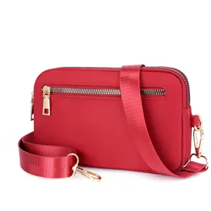 Red nylon shoulder bag for women, casual crossbody bag with gold hardware, travel small square bag.
