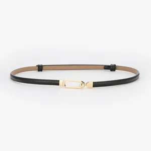 Women's thin black leather belt with gold metal buckle, minimalist dress waist belt.