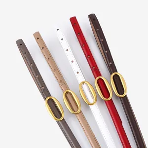Women's thin leather belt with gold-tone oval buckle, versatile everyday accessory for casual wear.