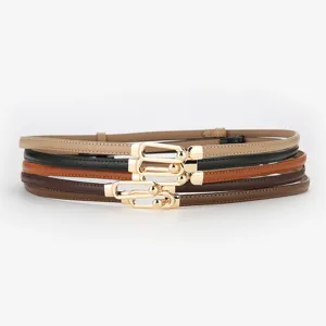 Women thin genuine leather belt set with elegant gold metal buckle for dresses coat.