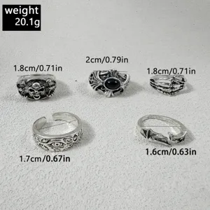 Punk Stil Herren Ring Set mit Totenkopf und Kreuz Design, retro Silber Ringe, 1.6-2cm.