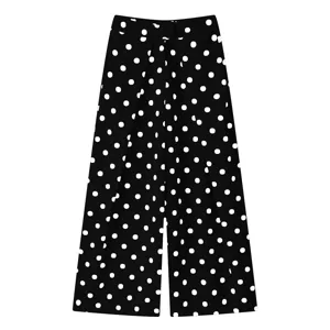 Pantalon Long Large Plissé Décontracté Ample Taille Haute à Pois Noir et Blanc pour Femme