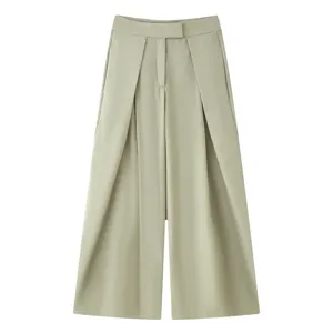 Pantalon large plissé décontracté pour femme vert clair, élégant pantalon ample rétro chic.