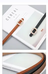 Women thin leather belt with chic pearl rhinestone rectangular buckle in black and camel colors.