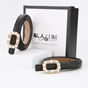 Women Genuine Leather Belt Pearl Rhinestone Buckle Thin Waist Belt Casual Trousers Skirt Decorative Fashion Belt